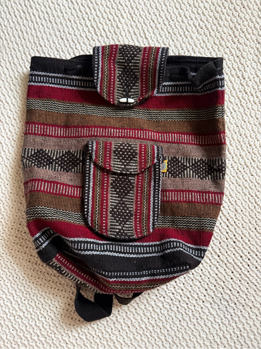 Pinzon Striped Hand Woven Drawstring Backpack in Red, Black & Brown